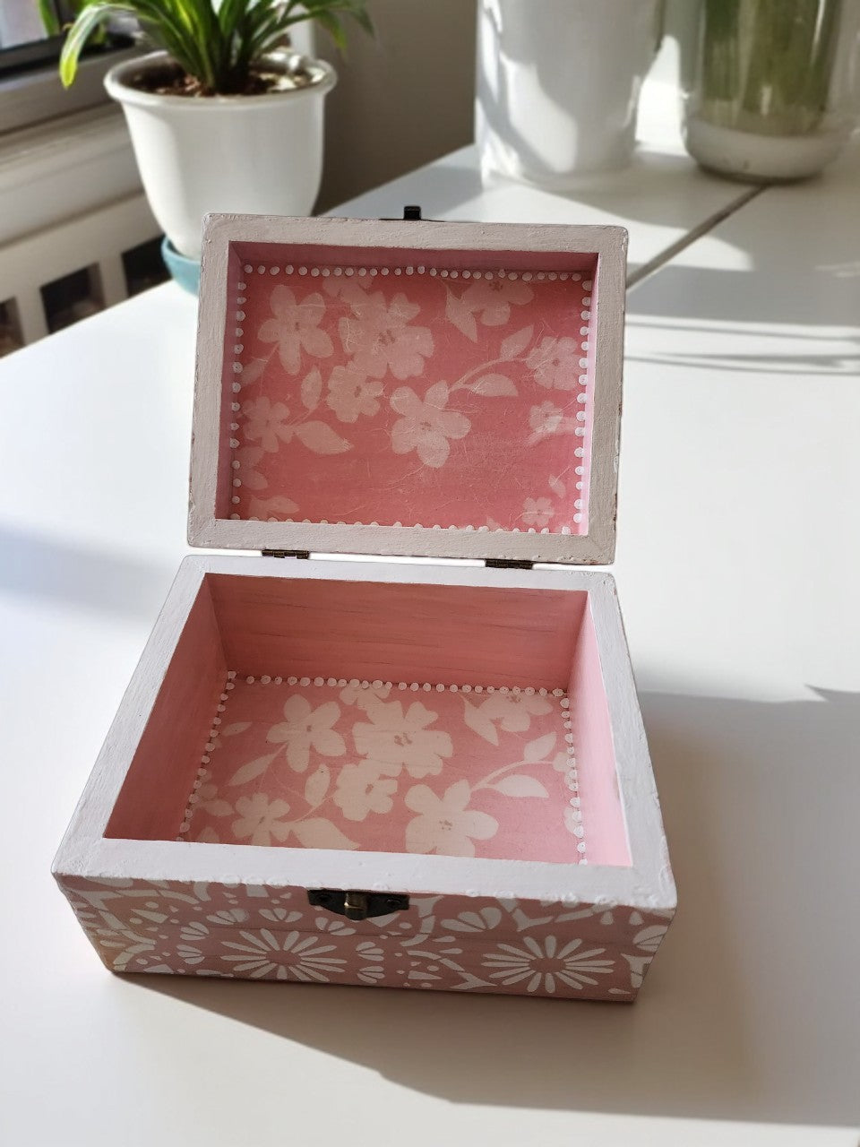 Handmade Wooden Decoupage Box - Floral Design with Stencils
