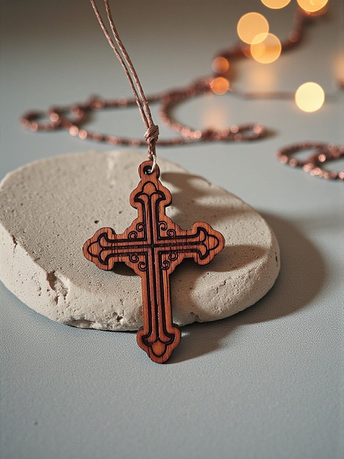 Handcrafted Wood Cross Necklace - Padauk Hardwood Engraved Pendant