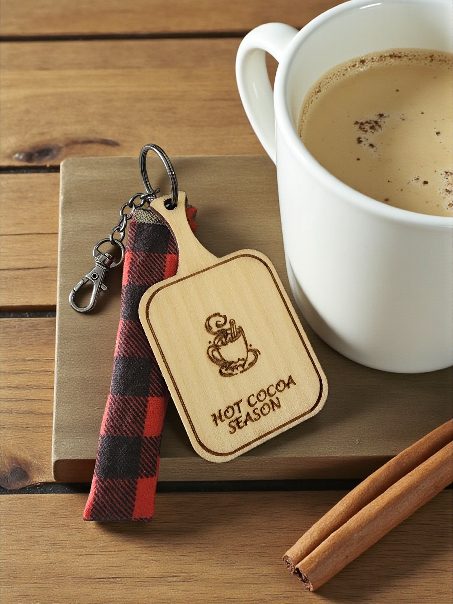 Handmade Wooden Keychain with Plaid Fabric - Laser Engraved