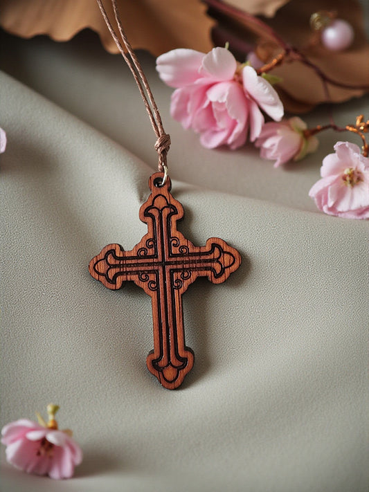 Handcrafted Wood Cross Necklace - Padauk Hardwood Engraved Pendant