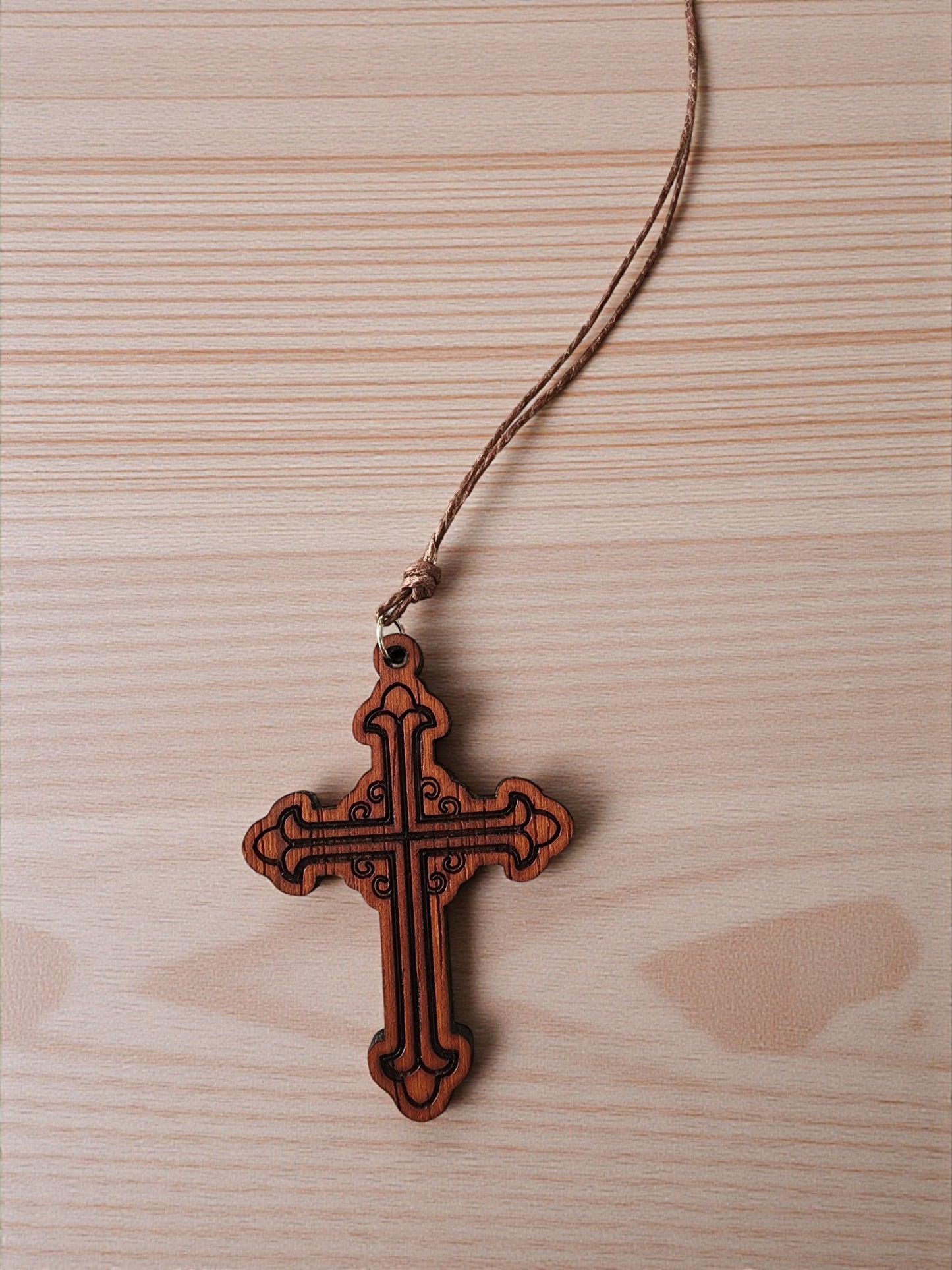 Handcrafted Wood Cross Necklace - Padauk Hardwood Engraved Pendant