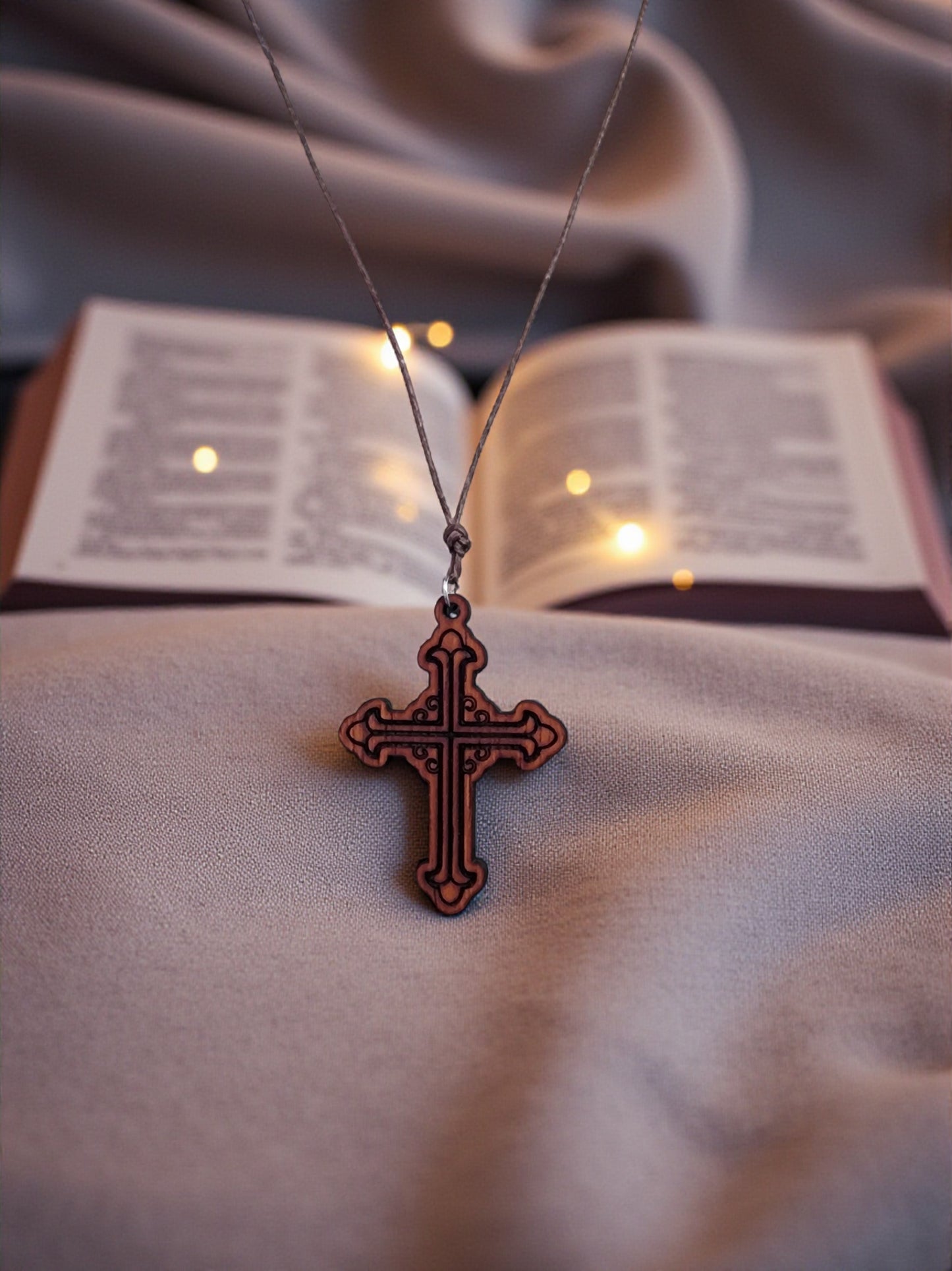 Handcrafted Wood Cross Necklace - Padauk Hardwood Engraved Pendant