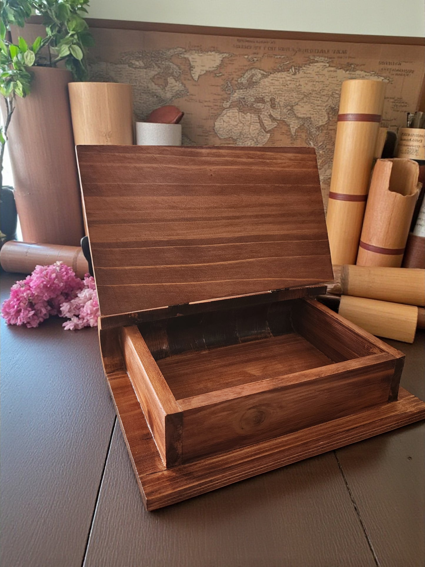Handmade Wooden Book Box - Decorative Storage with Metal Handle