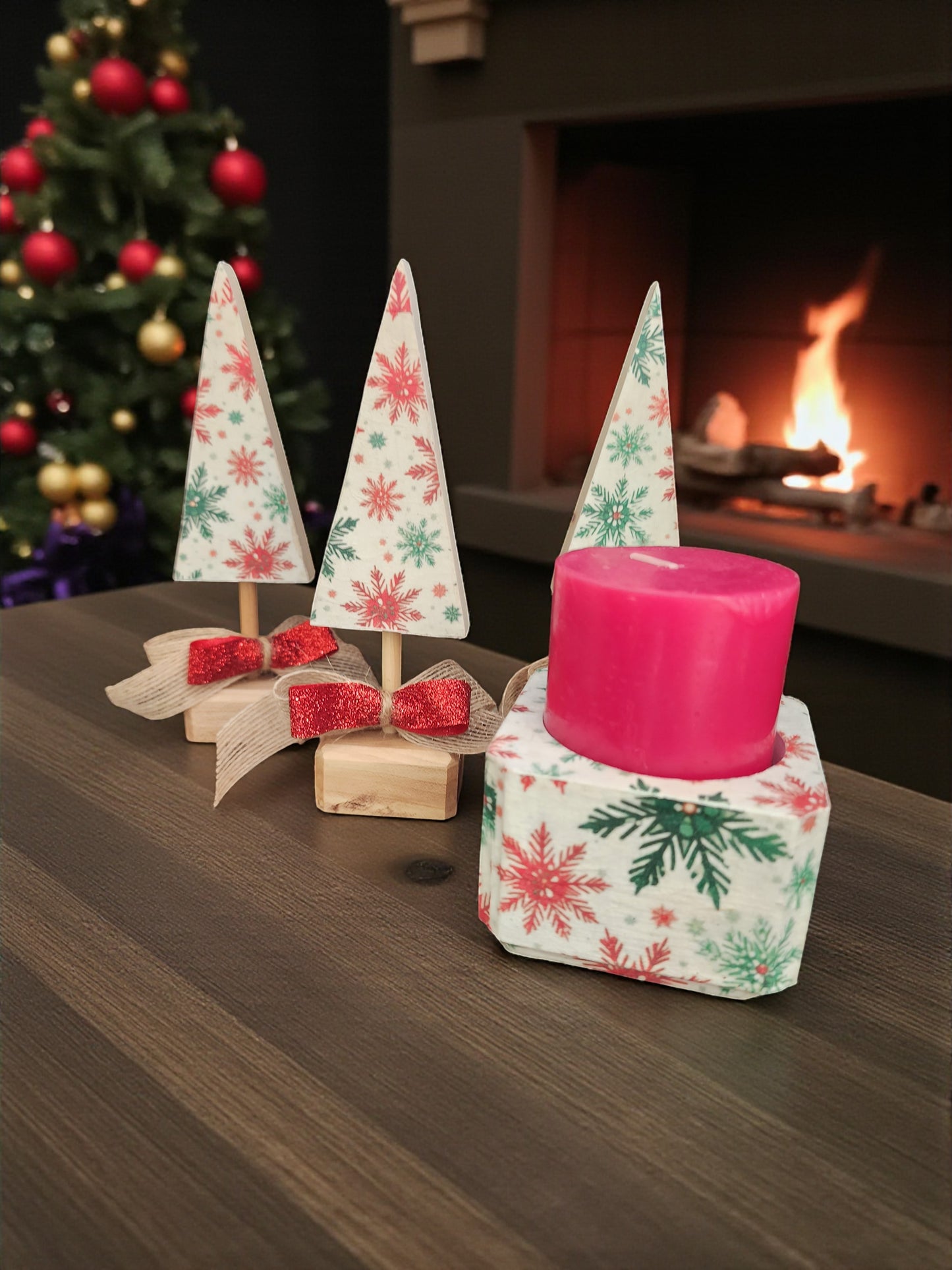 Handmade Wooden Christmas Tree & Candle Holder Set - Rustic Holiday Decor