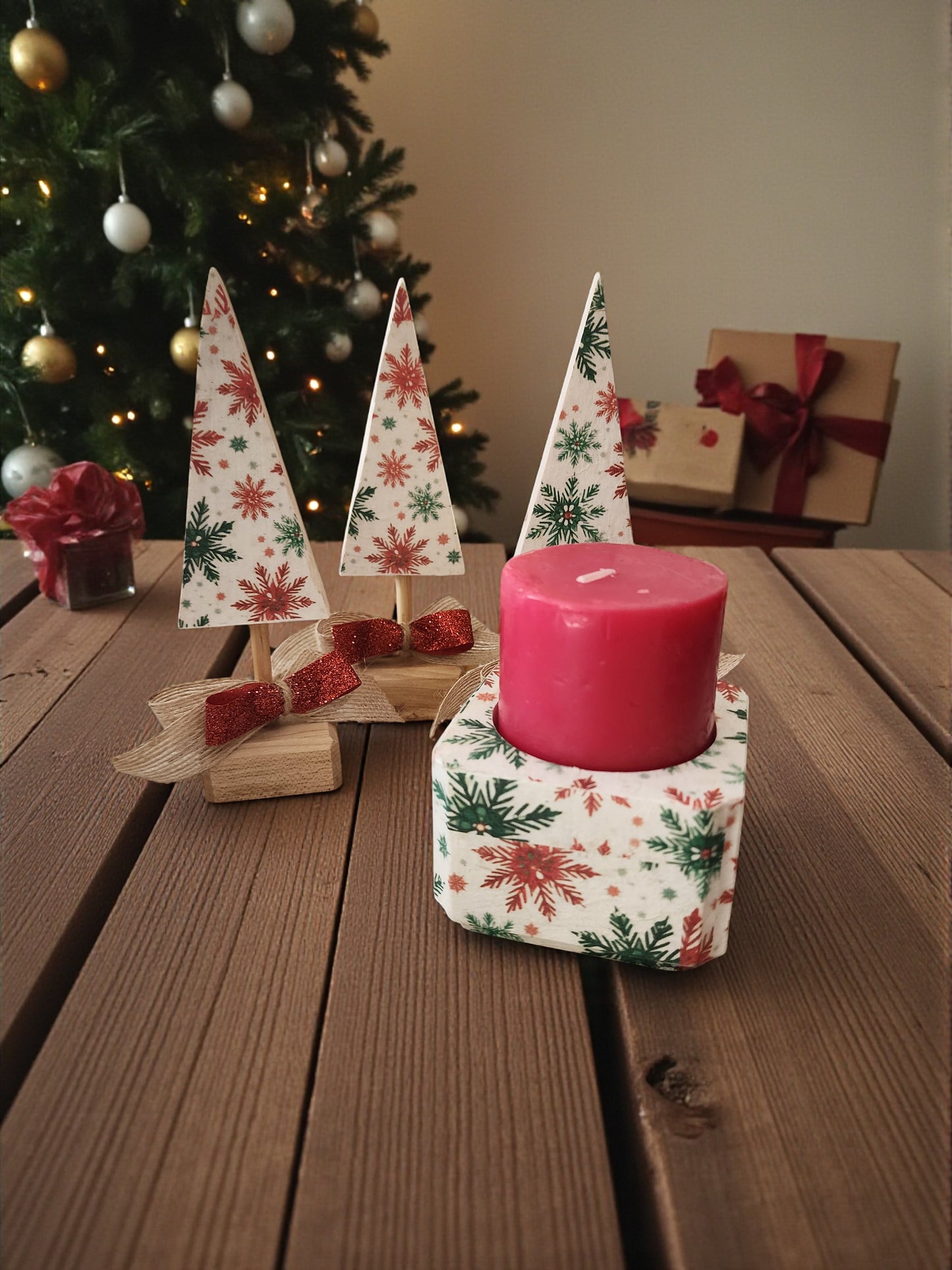 Handmade Wooden Christmas Tree & Candle Holder Set - Rustic Holiday Decor