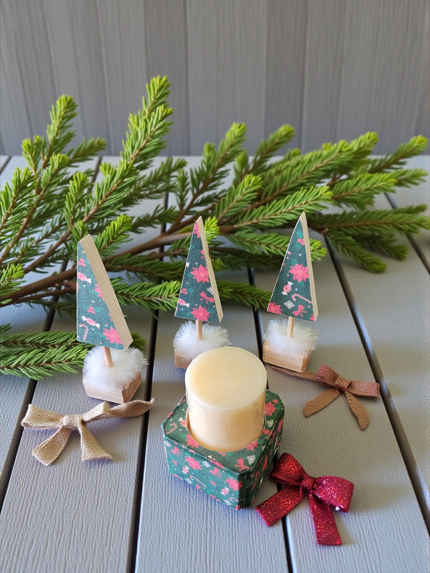 Handmade Wooden Christmas Tree & Candle Holder Set - Rustic Holiday Decor