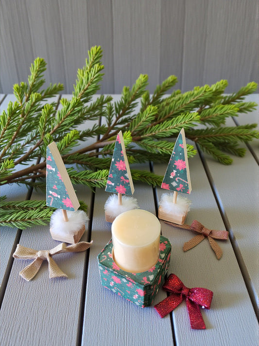 Handmade Wooden Christmas Tree & Candle Holder Set - Rustic Holiday Decor