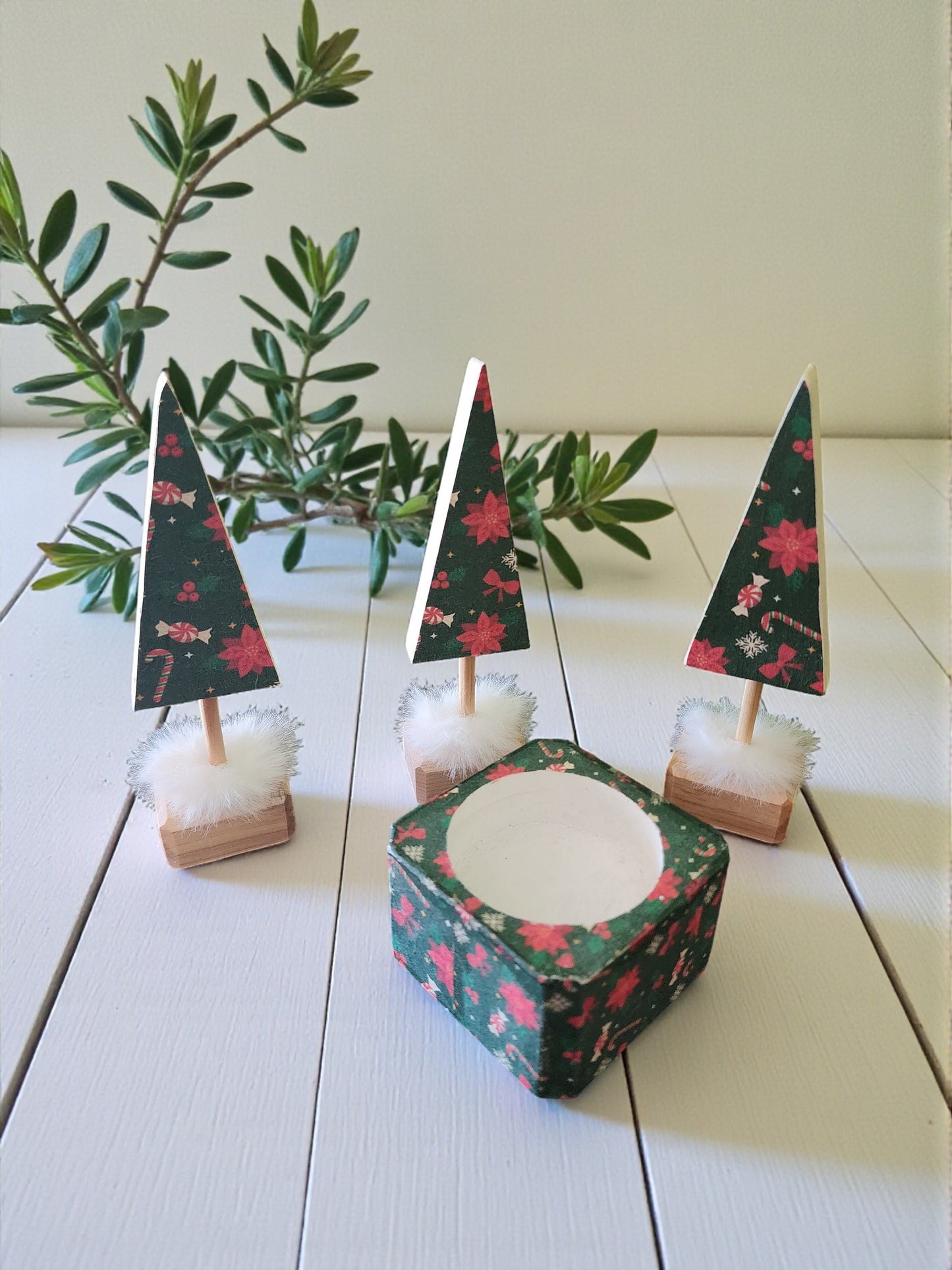 Handmade Wooden Christmas Tree & Candle Holder Set - Rustic Holiday Decor