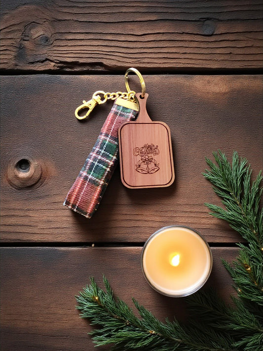Handmade Wooden Keychain with Plaid Fabric - Laser Engraved