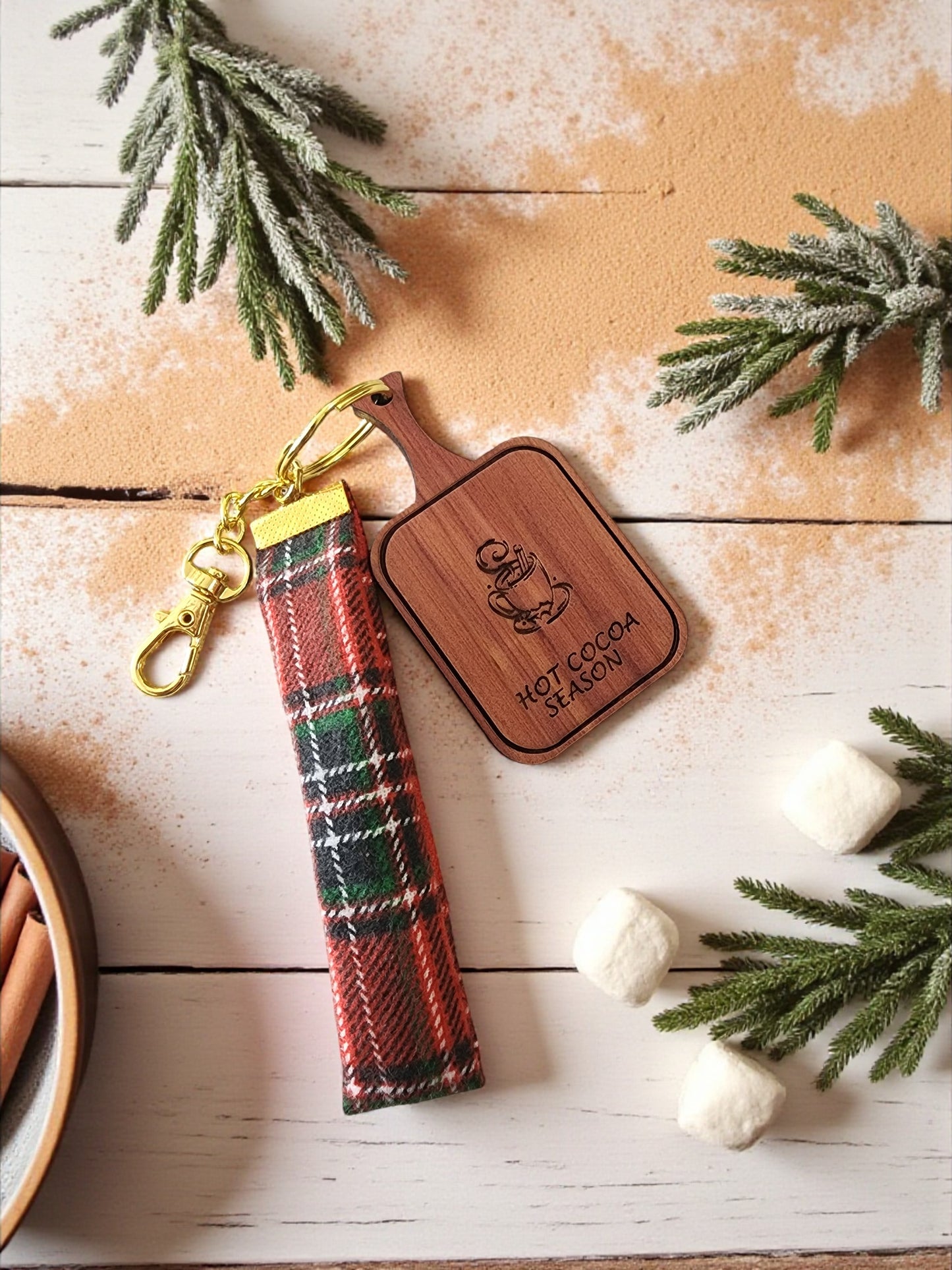 Handmade Wooden Keychain with Plaid Fabric - Laser Engraved