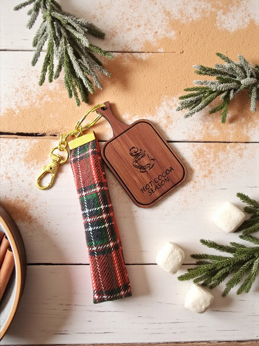 Handmade Wooden Keychain with Plaid Fabric - Laser Engraved