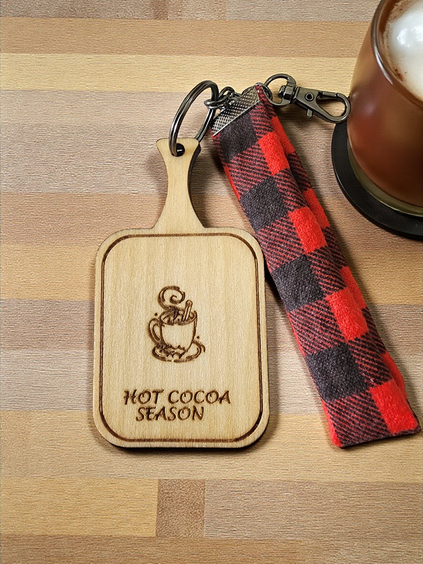 Handmade Wooden Keychain with Plaid Fabric - Laser Engraved