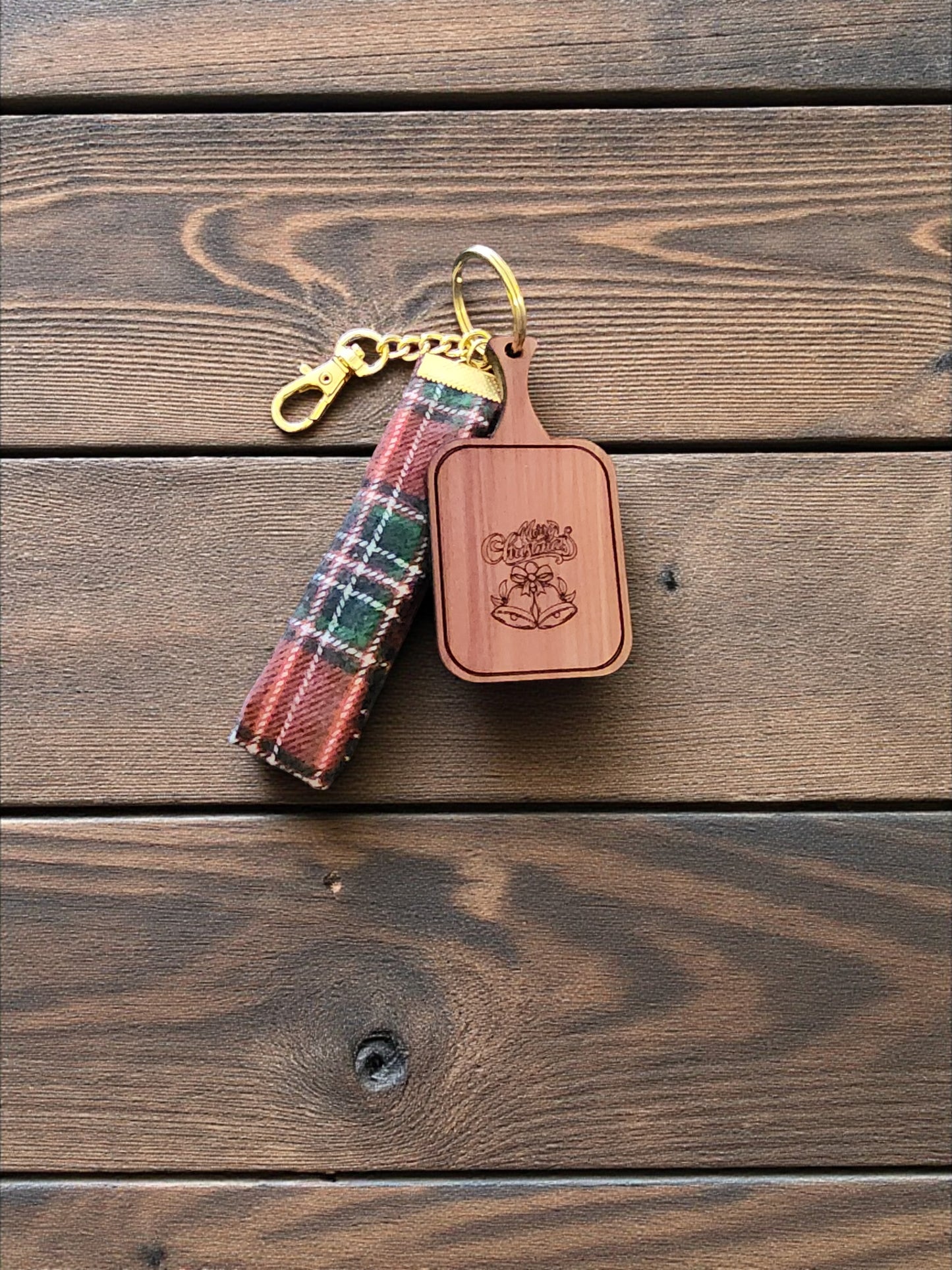 Handmade Wooden Keychain with Plaid Fabric - Laser Engraved