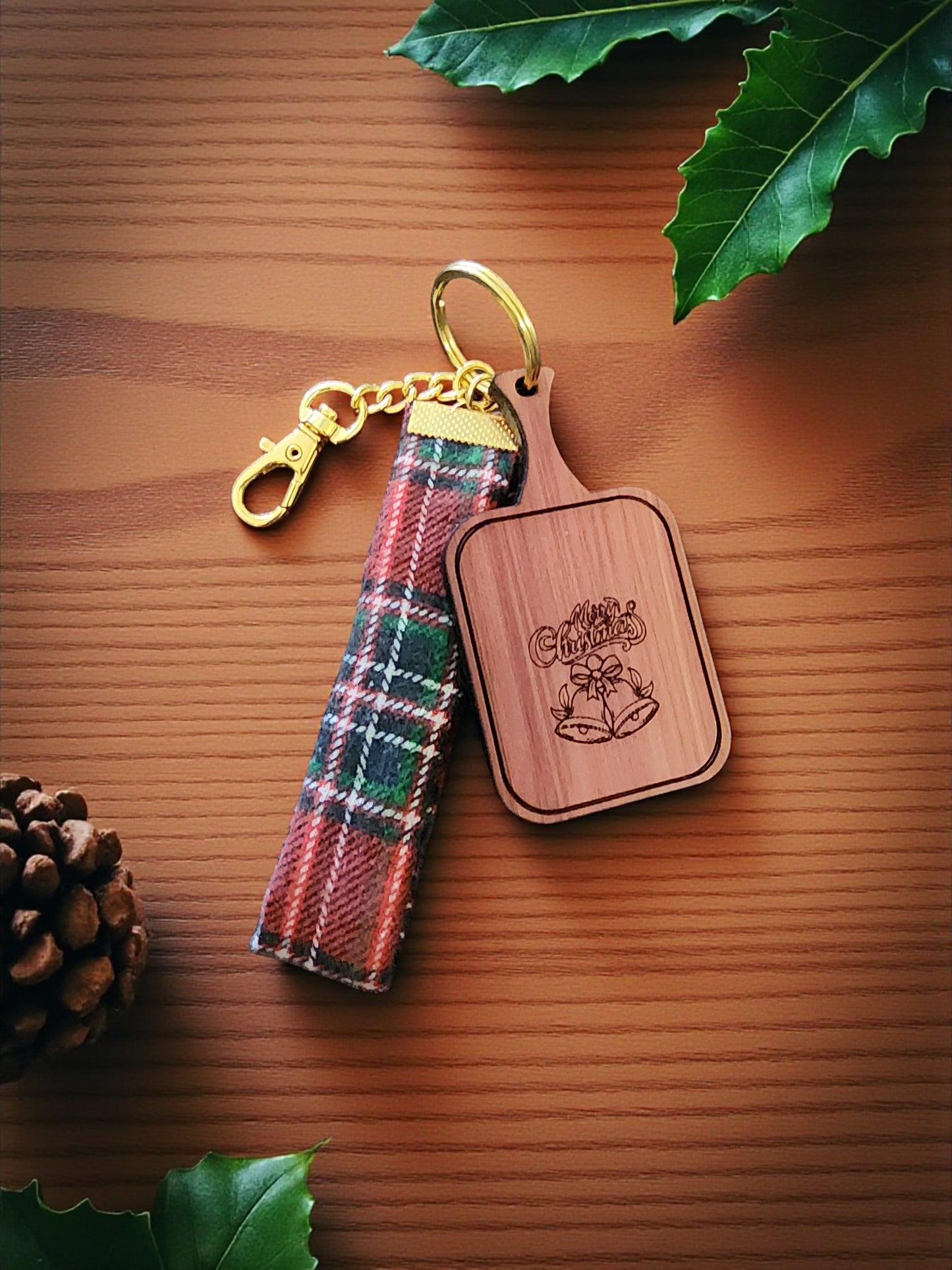 Handmade Wooden Keychain with Plaid Fabric - Laser Engraved