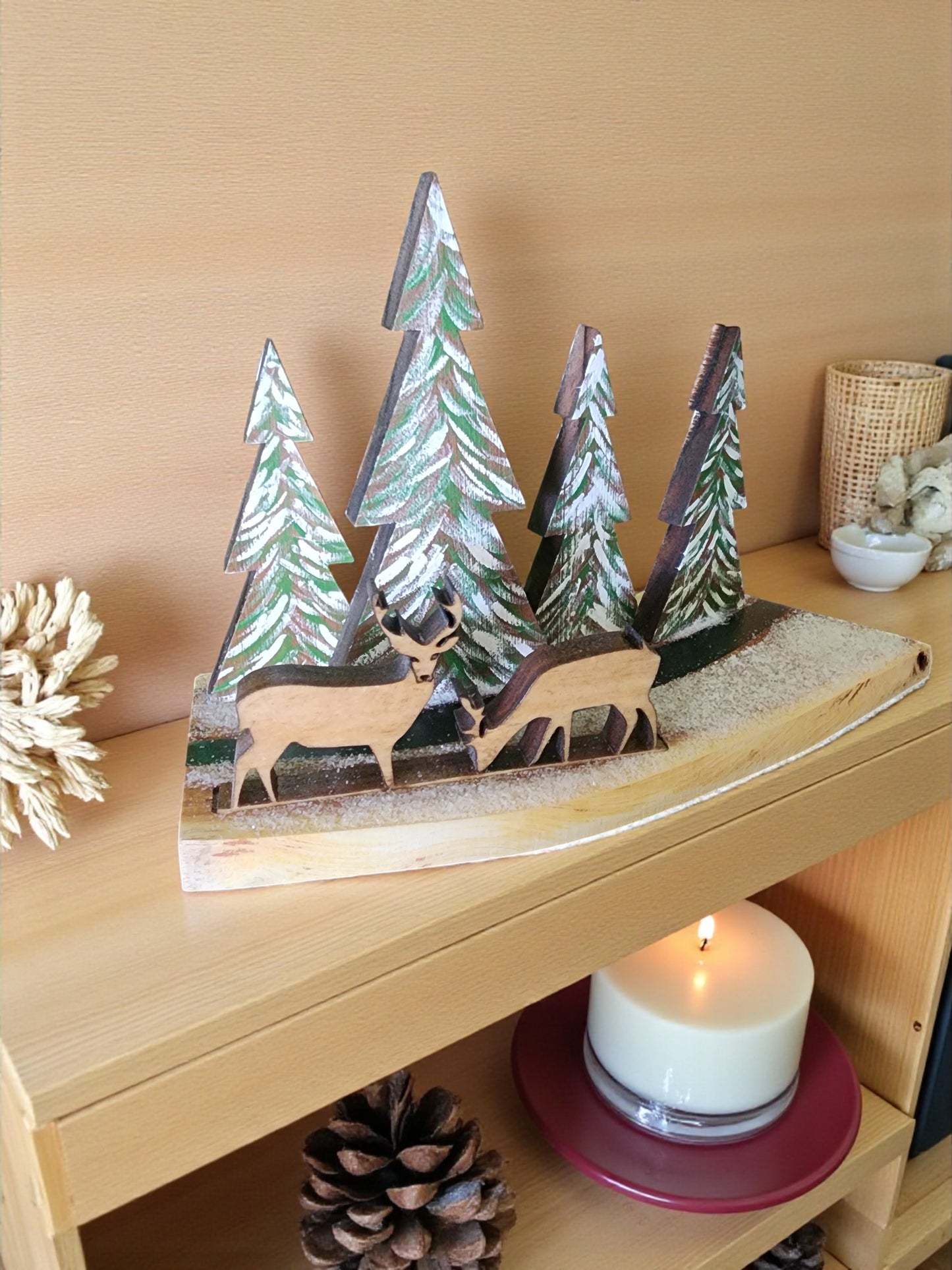 Handmade Wooden Christmas Tree Forest with Deer - Hand Painted Holiday Decor