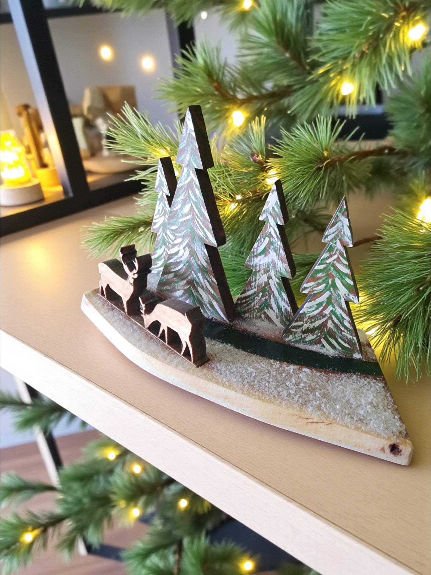 Handmade Wooden Christmas Tree Forest with Deer - Hand Painted Holiday Decor