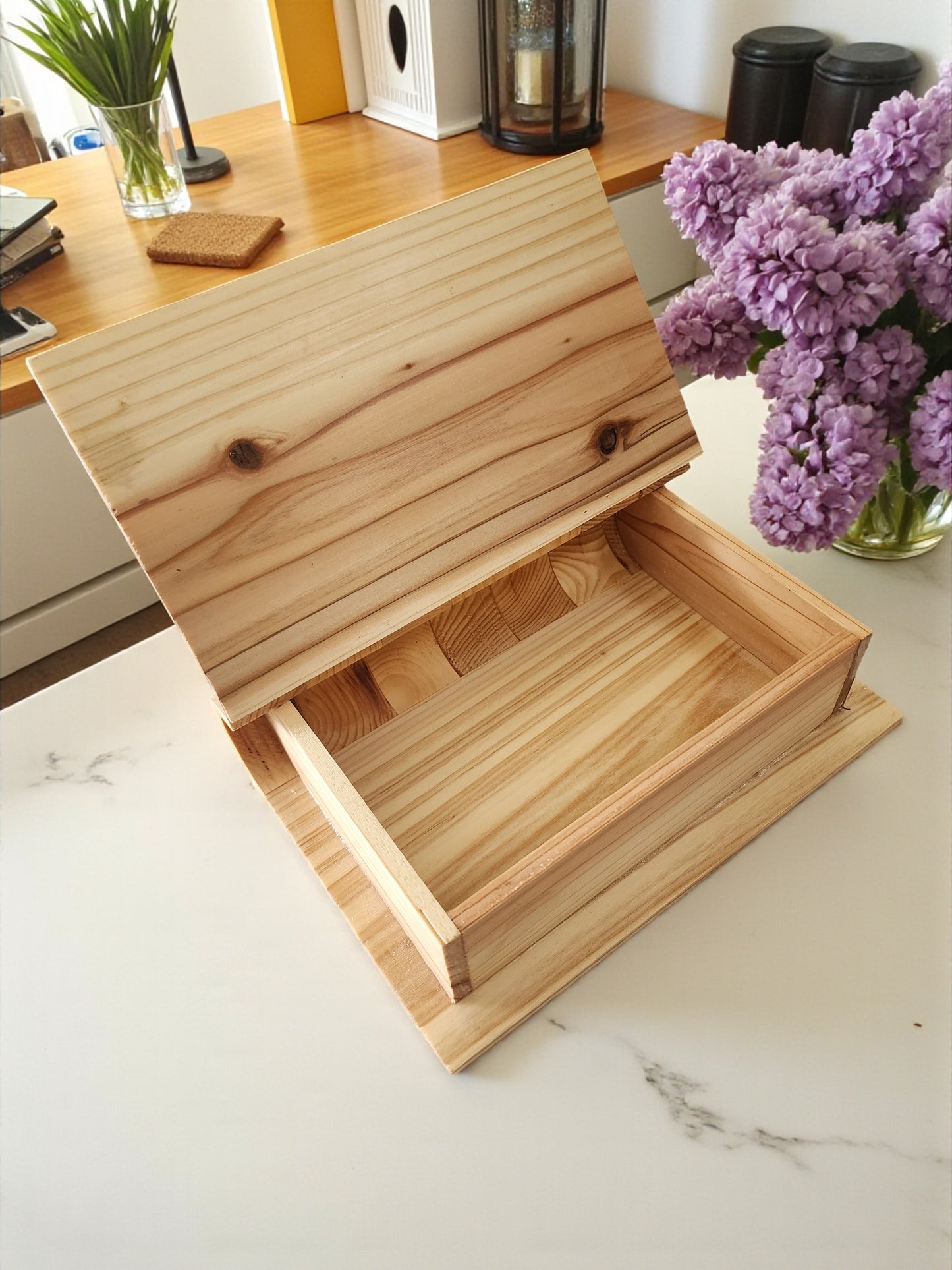 Handmade Wooden Book Box - Decorative Storage with Metal Handle