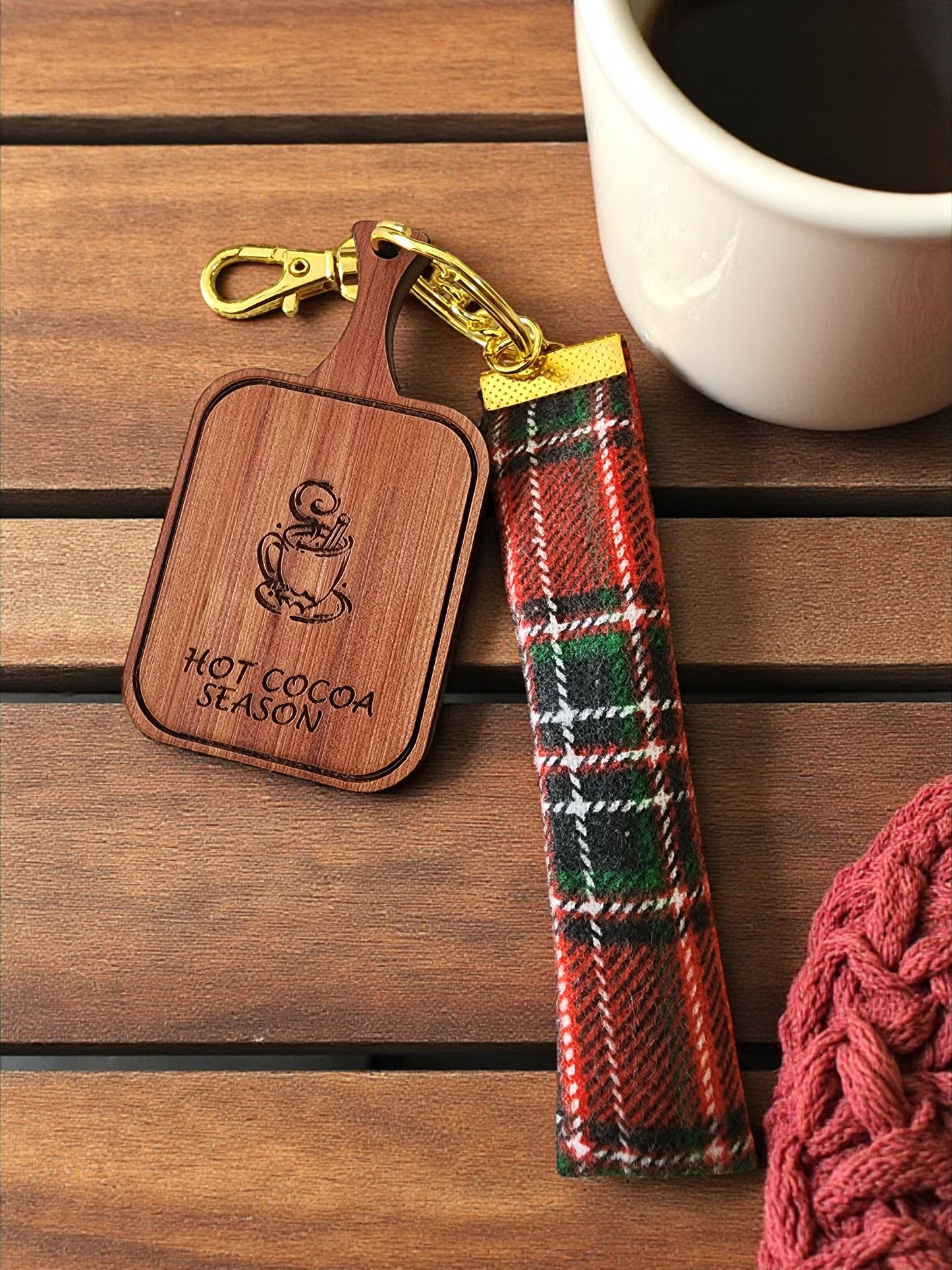 Handmade Wooden Keychain with Plaid Fabric - Laser Engraved