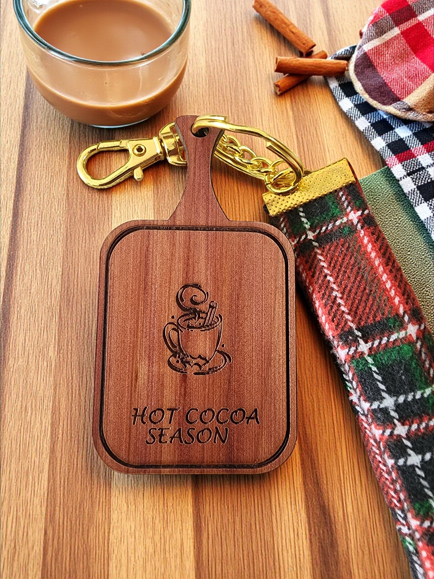 Handmade Wooden Keychain with Plaid Fabric - Laser Engraved