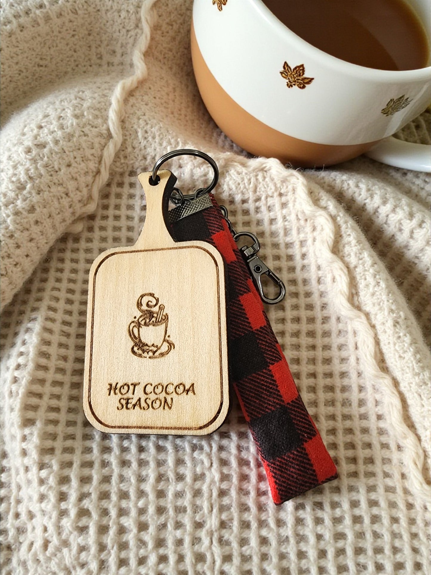 Handmade Wooden Keychain with Plaid Fabric - Laser Engraved